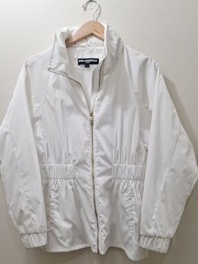 Karl Lagerfeld White Zip-Front Rain Jacket With A Hood Size M